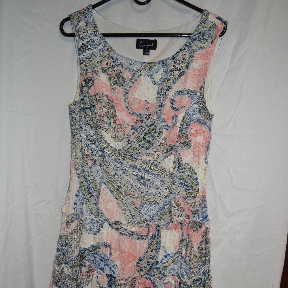 Paisley print lace overlay, drop waist, sleeveless dress.